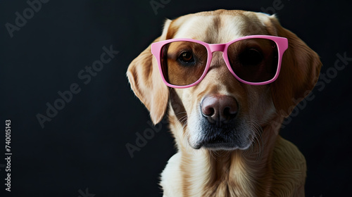 a dog looking at camera wearing pink sunglasses isolated on black background © Rangga Bimantara