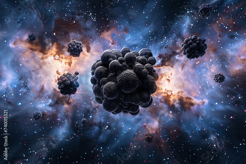 3D render of a molecule composed of dark matter with a cosmic background photo