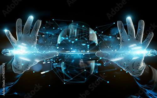 Virtual Reality Interaction: Hands wearing VR gloves reaching out to a holographic projection, symbolizing immersive interaction with digital information,close up