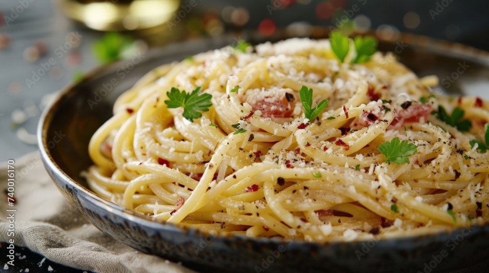 Close-up image of a single dish of Spaghetti Carbonara, Italian cuisine, detailed textures,