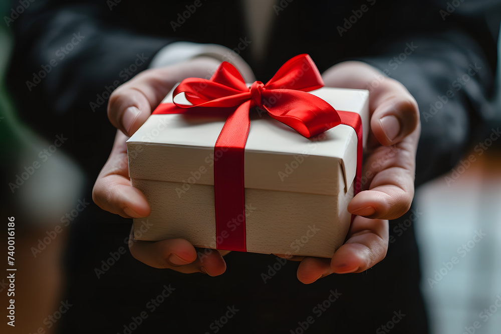 hand holding a gift with red ribbon hand holding a gift with red ribbon