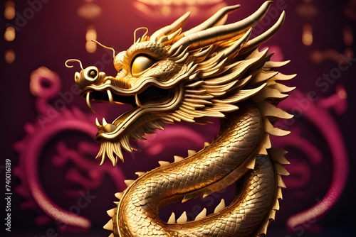 horizontal left to right 3d chinese happy gold dragon with happy face © superbphoto95