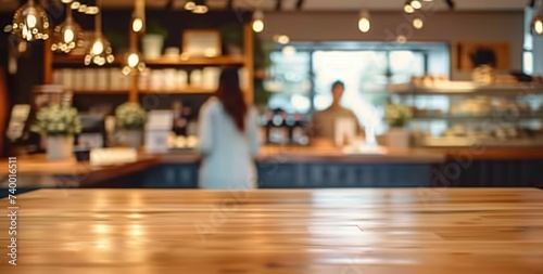 Wooden table in cafe perfect for product placement, with blurred background of female customer setting business and leisure ideal for showcasing ambiance of modern dining retail space photo