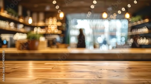 Wooden table in cafe perfect for product placement, with blurred background of female customer setting business and leisure ideal for showcasing ambiance of modern dining retail space © Thares2020