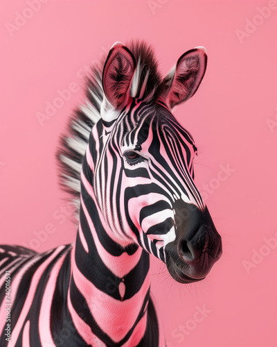 Studio shoot of black pink zebra on the pink background in the style of minimalism. Close up