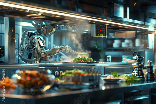 3d render of a robot chef cooking gourmet meals in a high tech kitchen