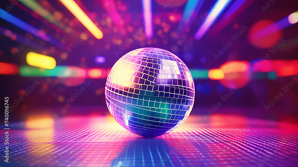 Obraz premium Disco ball sphere with colorful disco lights at party