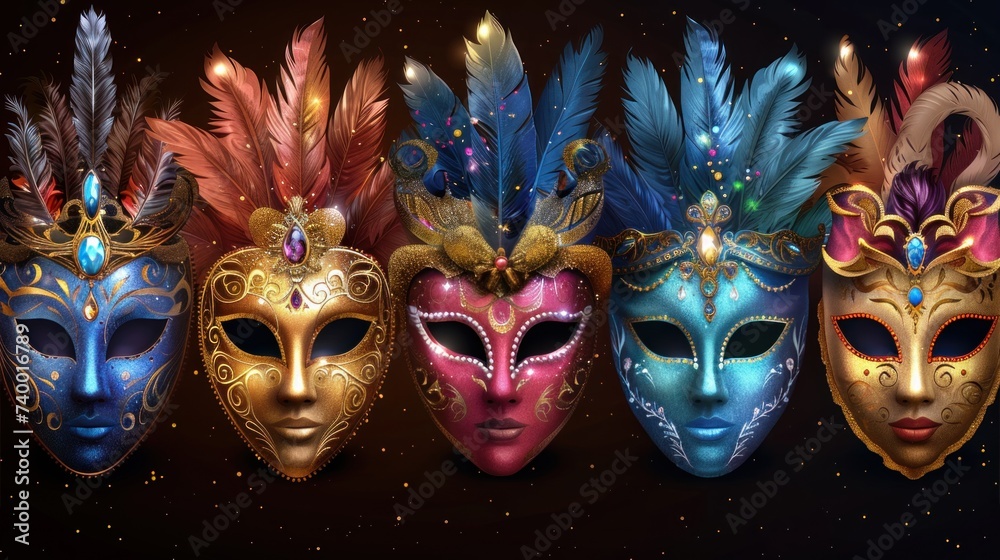 Five Different Colored Masks With Feathers