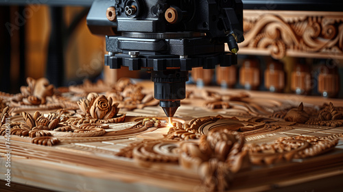 CNC milling machine cutting wood. Small depth of field. photo