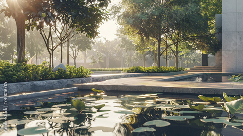 3d render of a serene minimalist pond in an urban park setting