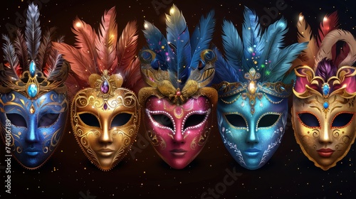 Five Different Colored Masks With Feathers © lublubachka