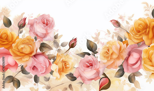 Floral roses, wallpaper watercolor illustration in pastel pink and yellow color for invitation / card making / wedding invitation	
 #740016999