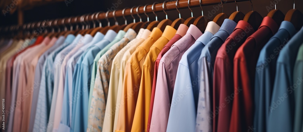 Multicolor shirts hanging on a rack. Shirts on a hanger in store or home in a wardrobe for lifestyle concept.