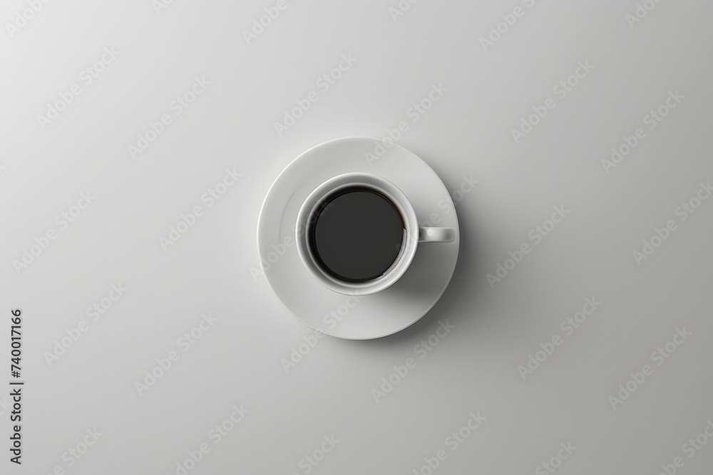 top view A white ceramic cup filled with hot coffee, steaming slightly on a saucer, top view A white ceramic cup filled with hot coffee, steaming slightly on a saucer,