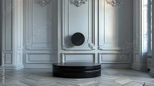 3d render of a sleek black podium in a room with classic architectural details photo
