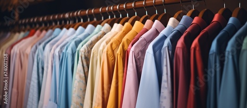 Multicolor shirts hanging on a rack. Shirts on a hanger in store or home in a wardrobe for lifestyle concept.
