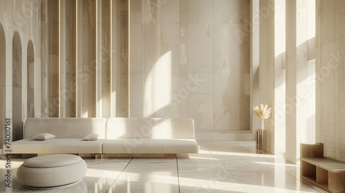 3d render of a sleek geometric hotel lobby with minimalist furnishings photo