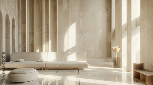 3d render of a sleek geometric hotel lobby with minimalist furnishings