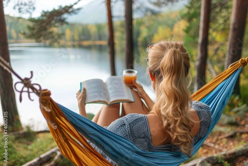 A serene woman escapes into a literary world, swaying in a cozy hammock under the shade of a tree, surrounded by lush grass and the comforts of outdoor furniture
