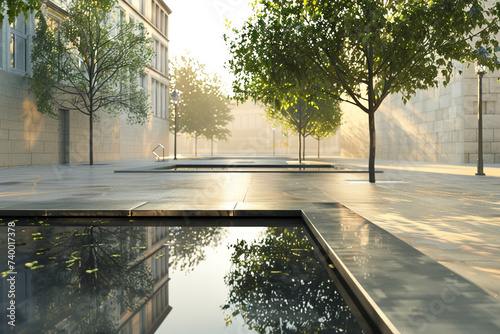 3d render of a tranquil minimalist reflecting pool in a city square photo