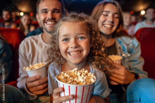 A cheerful group of friends  with big smiles on their human faces  gather indoors  dressed in casual clothing  ready to indulge in their favorite snack of buttery popcorn  a classic movie treat