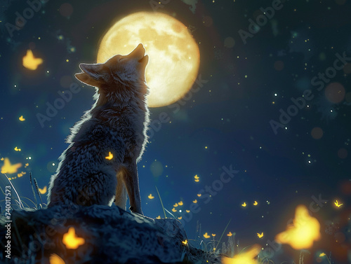 3d render of a wolf cub howling at the moon with a choir of fireflies