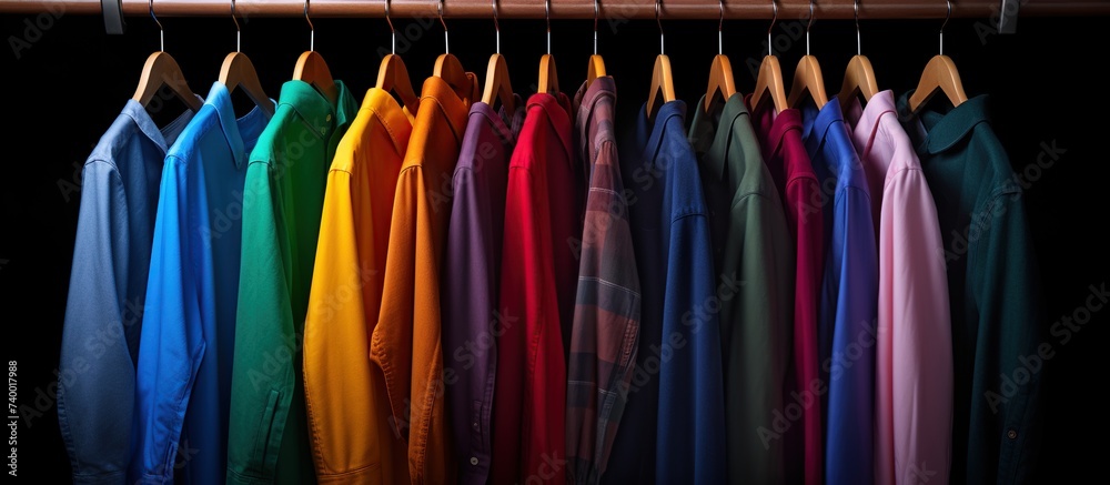Multicolor shirts hanging on a rack. Shirts on a hanger in store or home in a wardrobe for lifestyle concept. Multicolor shirts hanging on a rack. Shirts on a hanger in store or home in a wardrobe for lifestyle concept.