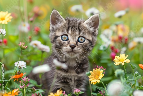 A playful kitten explores a colorful flower garden, its whiskers twitching with curiosity and its felidae instincts fully awakened photo