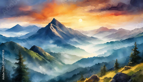 Foggy mountains landscape illustration. Sunset, clouds, mountains and woods. Evergreen forests