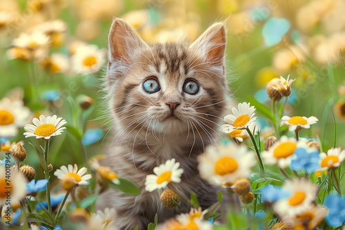 A tiny yellow kitten sits peacefully among a sea of vibrant flowers, the perfect harmony of domestic felidae and wild nature