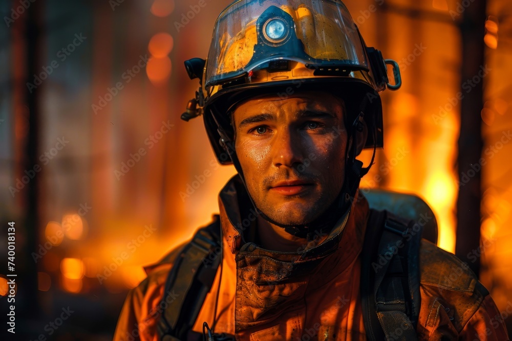 A dedicated firefighter bravely faces the flames, adorned in his protective gear and ready to tackle any outdoor emergency with his trusty helmet and backpack by his side A dedicated firefighter bravely faces the flames, adorned in his protective gear and ready to tackle any outdoor emergency with his trusty helmet and backpack by his side