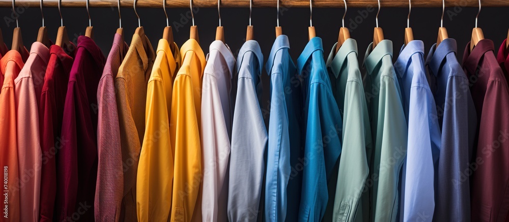 Multicolor shirts hanging on a rack. Shirts on a hanger in store or home in a wardrobe for lifestyle concept.
