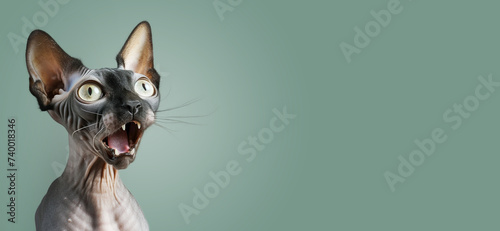 Funny portrait of a shocked cat with an open mouth on a color background.