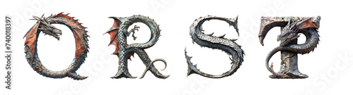 Letters Q, R, S, T in dragon style. Unusual fantasy font on the transparent background.	