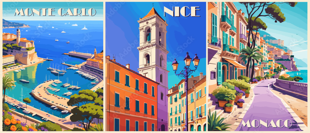 Set of Travel Destination Posters in retro style. Monte Carlo, Monaco, Nice, France digital prints. European summer vacation, holidays concept. Vintage vector colorful illustrations.