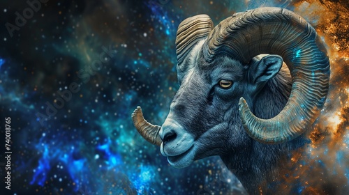 Zodiac sign aries in cosmic space. Generative AI. Copy space. photo