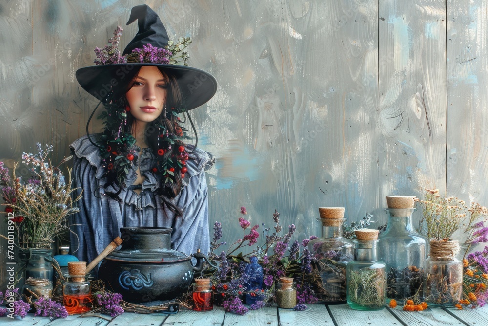 Woman Wearing a Witches Hat standing hear poison herbs - obrazy, fototapety, plakaty 