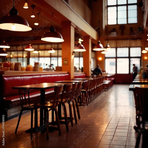 Interior of casual fast service restaurant dining area, indoor architecture