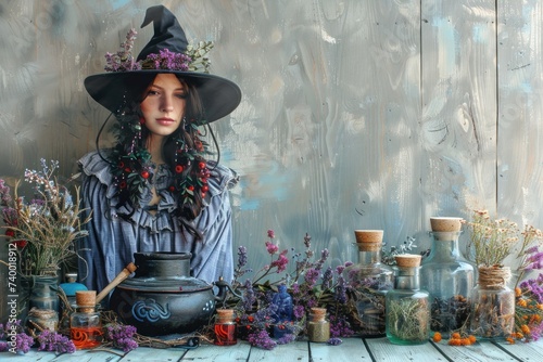 Woman Wearing a Witches Hat standing hear poison herbs