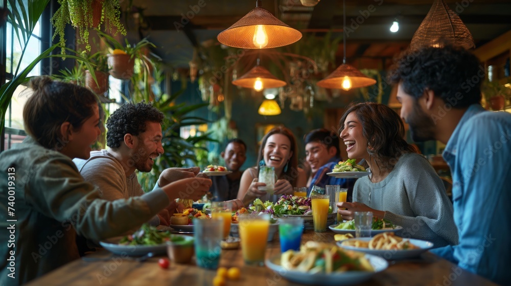 Cheerful young people, friends of different races have conversation over dinner in vibrant setting at cozy restaurant. Concept of friendship, multicultural, togetherness, party, lifestyle.