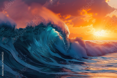a huge wave crashing at sunset. beautiful sunset wave vibrant translucent color