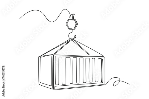 Single one line drawing of a container being lifted using a crane in the port area. Shipping through the ocean. Delivery and packaging. Continuous line draw design graphic vector illustration