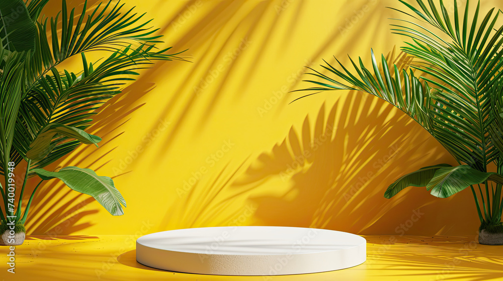 round white podium with green palm leaves on yellow background 3d mockup. product stage showcase, promotion display