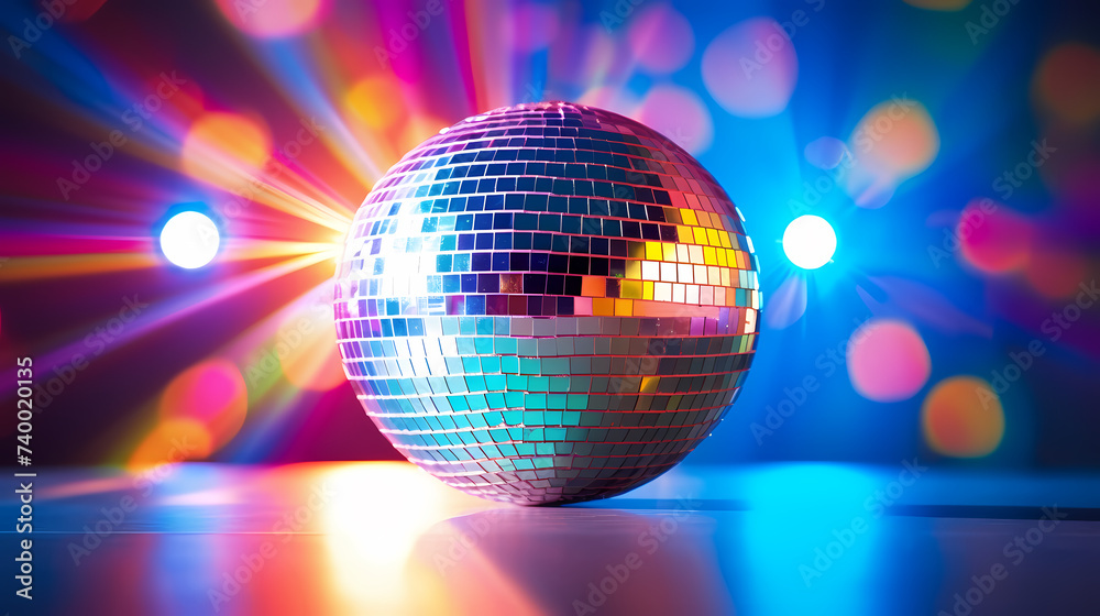 Obraz premium Disco ball sphere with colorful disco lights at party