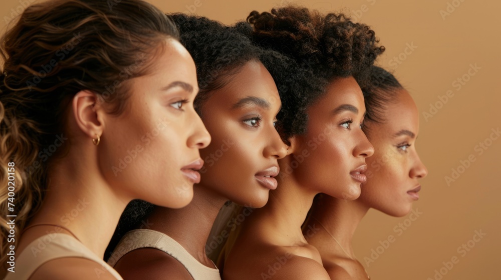 Group portrait of young diverse ethnicities women posing in profile ...