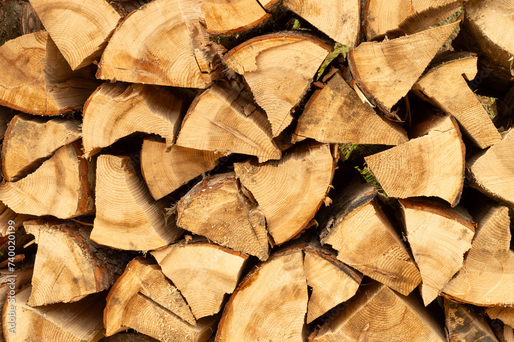 Pile of wood. Closeup freshly cut wood logs stacked in the forest. Firewood, environmental damage, ecological issues, deforestation, alternative energy, lumber industry, business
