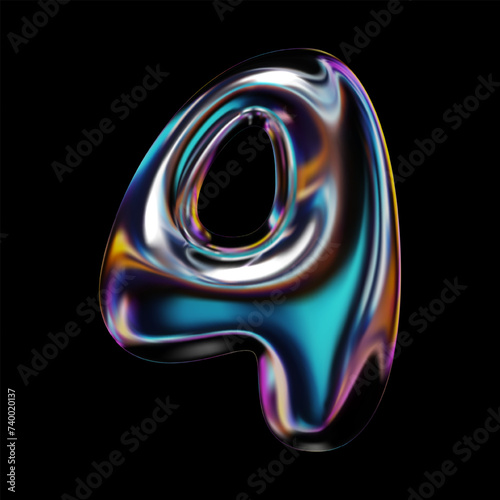 3D glossy holographic number 4 render, glass or liquid metal in neon rainbow colors. Four numeral sign in inflated balloon bubble shape with iridescent surface. Isolated Y2K retro futuristic vector  photo