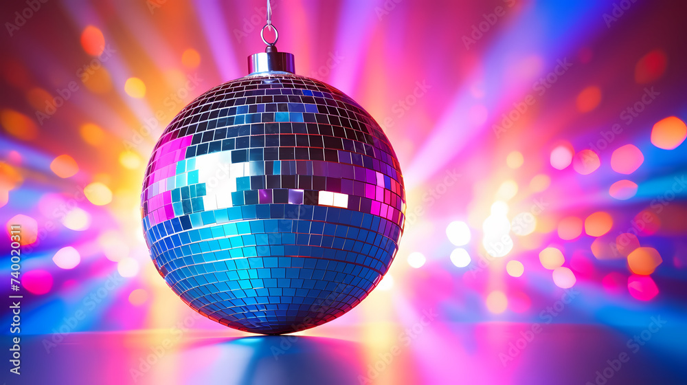 Obraz premium Disco ball sphere with colorful disco lights at party
