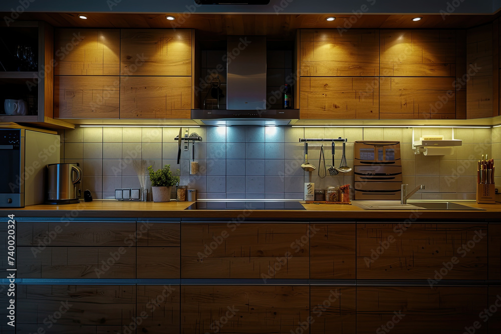 wooden kitchen with cabinets and lights. contemporary kitchen in a modern style. home interior concept wooden kitchen with cabinets and lights. contemporary kitchen in a modern style. home interior concept