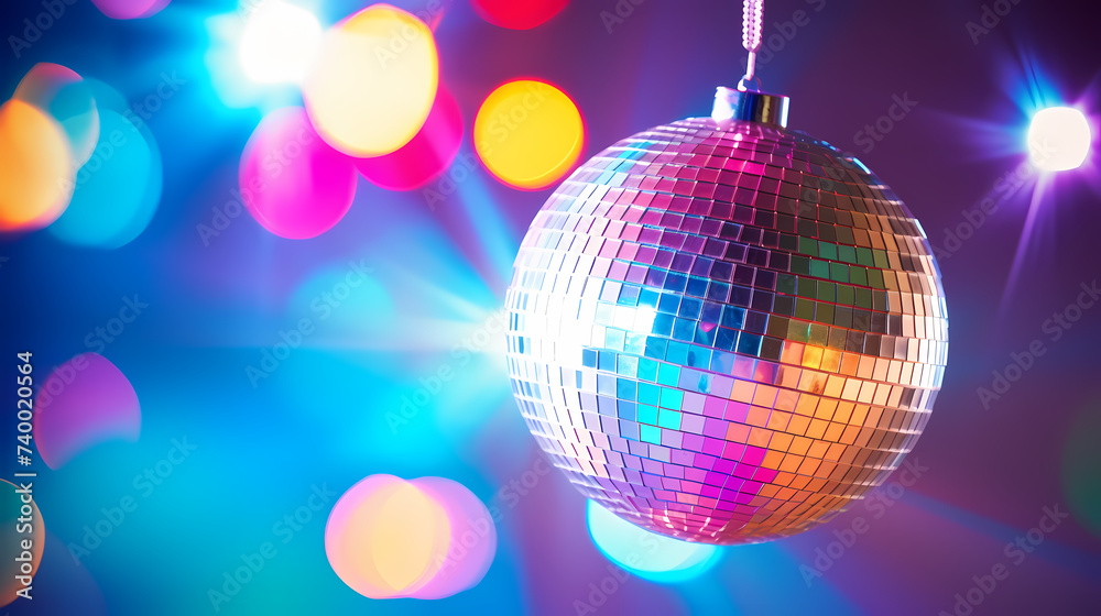 Obraz premium Disco ball sphere with colorful disco lights at party